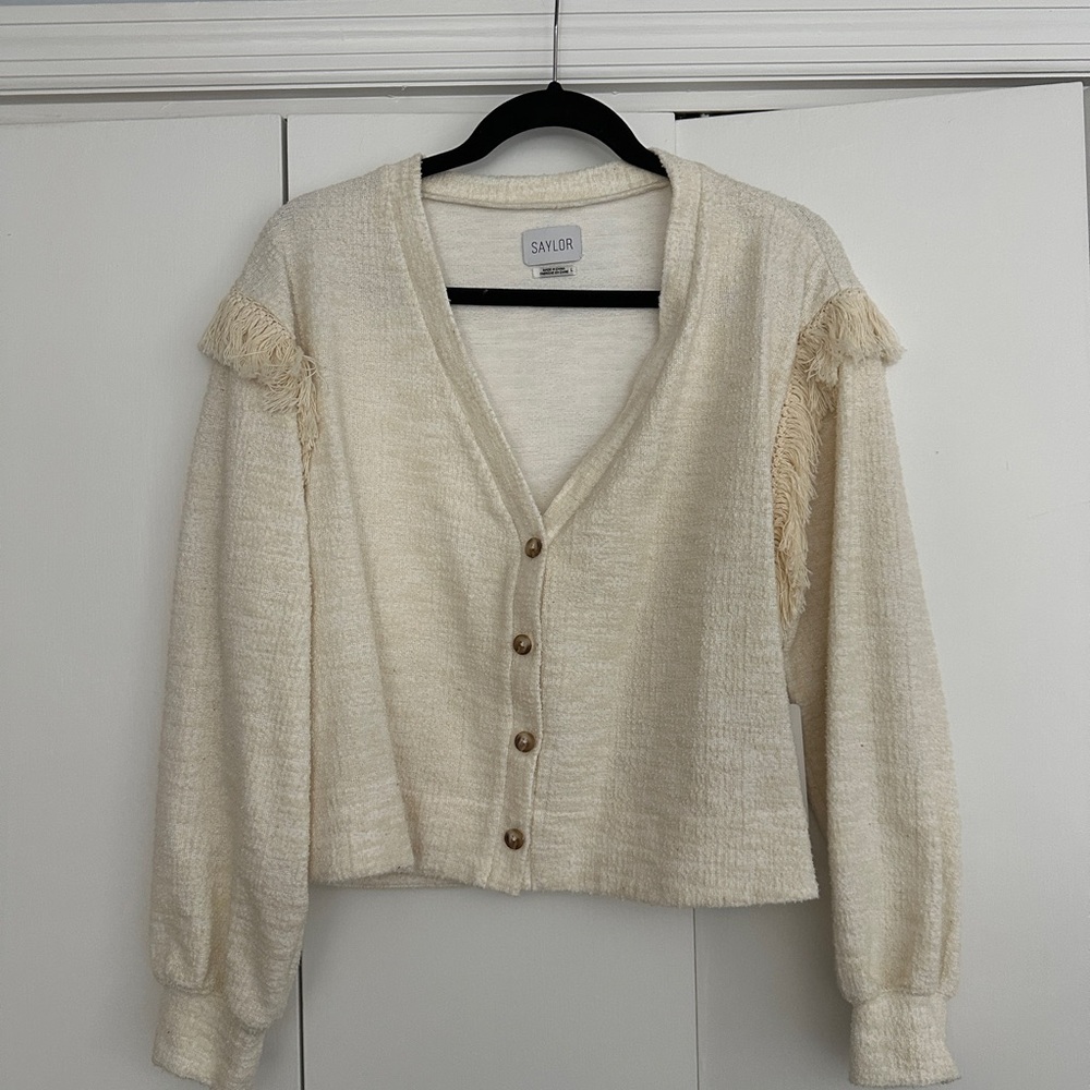 SAYLOR Cream Fringe Cardigan and Skirt Set